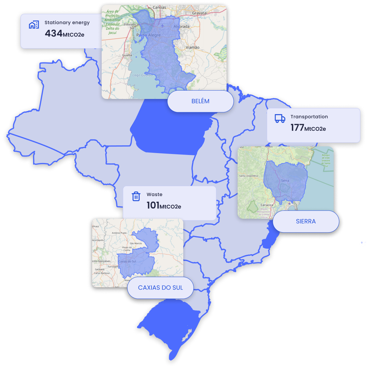 Brazil map showing emissions data for different cities