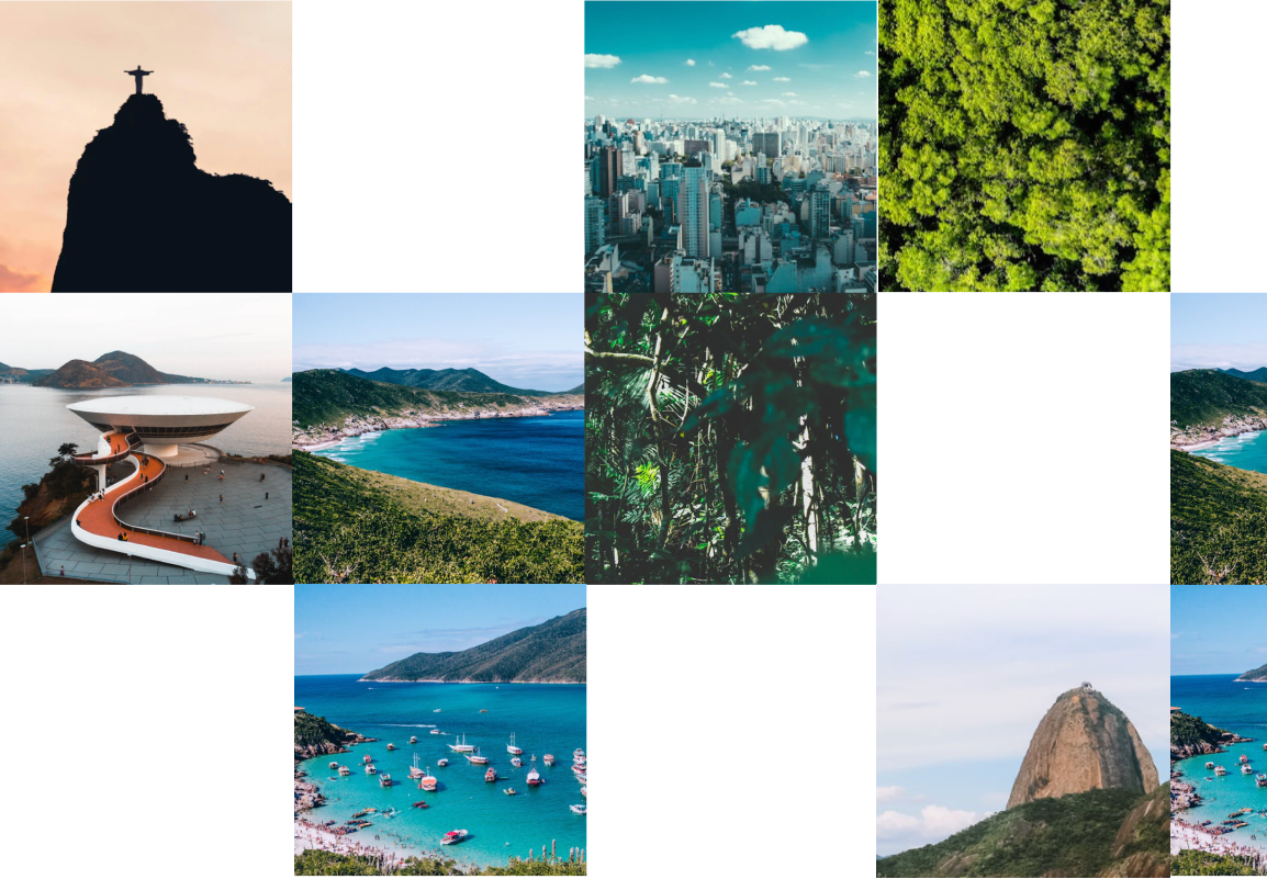 Mosaic of Brazilian landmarks including Christ the Redeemer, São Paulo skyline, Amazon forest, and coastal landscapes